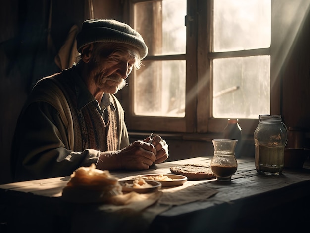 Ein älterer Mann sitzt an einem alten Holztisch am Fenster in einer Holzhütte. KI erzeugt, KI generativ, KI generativ