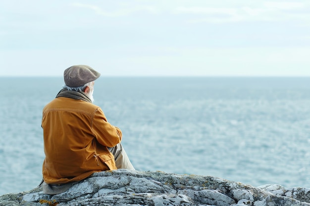 Ein älterer Mann sitzt auf einem Felsen und starrt auf ein ruhiges Meer und denkt über das Leben nach