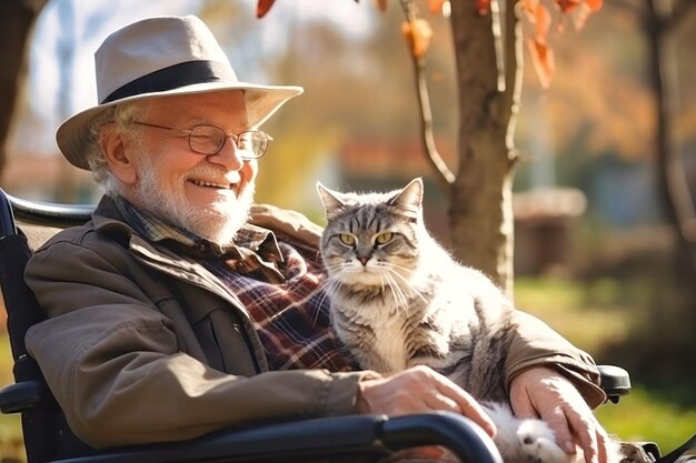 Ein älterer Mann sitzt auf einem Stuhl mit einer Katze auf dem Schoß