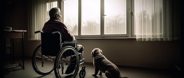 Ein älterer Mann sitzt im Rollstuhl neben seinem Hund und blickt aus dem Fenster. Generative KI