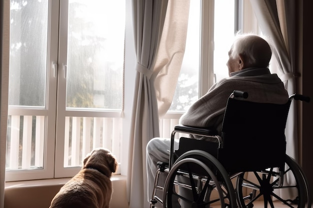 Ein älterer Mann sitzt im Rollstuhl neben seinem Hund und blickt aus dem Fenster. Generative KI