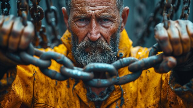 Foto ein älterer mann streckt mit den händen eine große metallkette aus