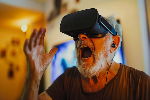 Ein älterer Mann trägt ein Virtual-Reality-Headset und schreit, während er eine VR-Simulation erlebt