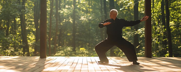 Foto ein älterer mann übt tai chi im wald