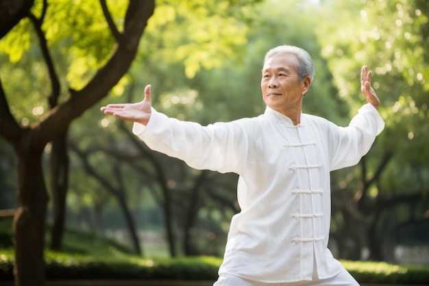 Ein älterer Mann übt Tai Chi in einem ruhigen Park