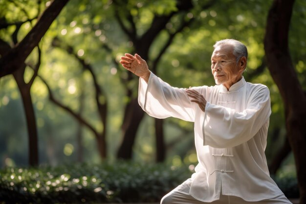 Ein älterer Mann übt Tai-Chi in einem ruhigen Park