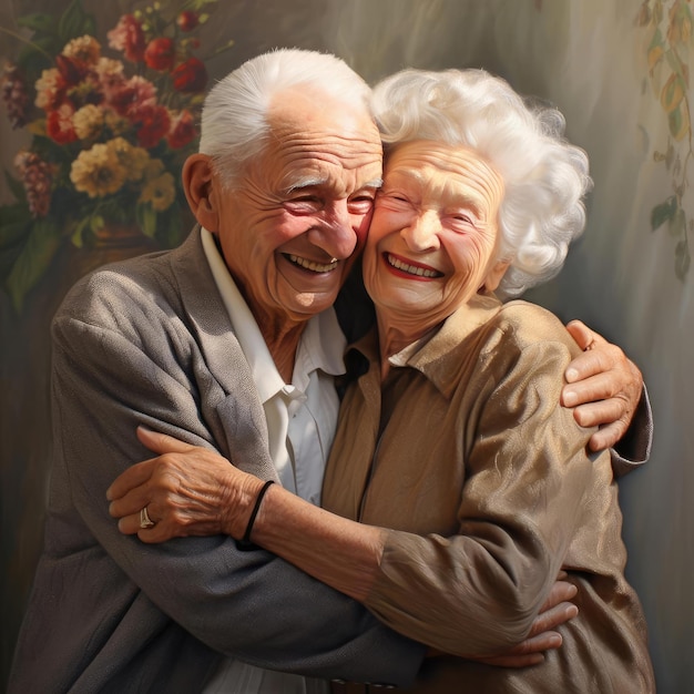 Ein älterer Mann umarmt eine ältere Frau