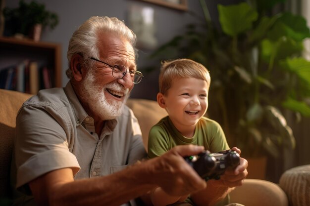 Ein älterer Mann und ein junger Junge lächeln und spielen mit einem Spielcontroller