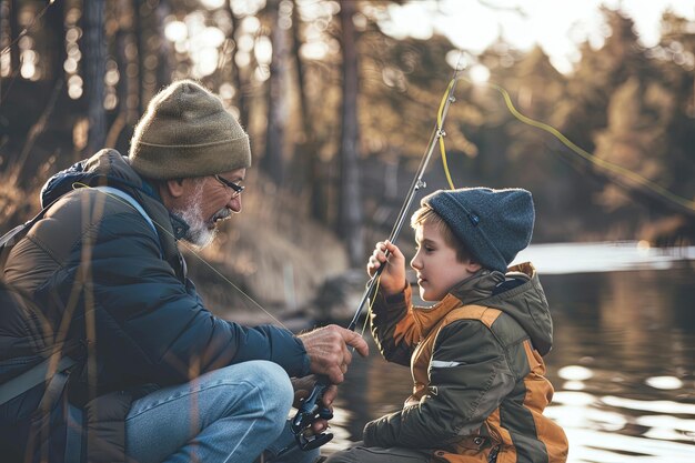 Foto ein älterer mann und ein kleiner junge fischen zusammen