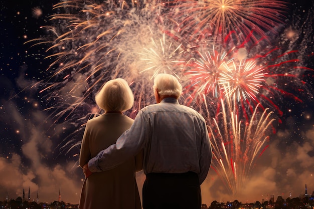 Ein älterer Mann und eine ältere Frau blicken Hand in Hand auf ein spektakuläres Feuerwerk.