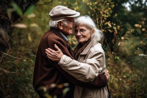 Ein älterer Mann und eine ältere Frau, die sich gegenseitig umarmen, während sie in der Natur sind, die mit generativer KI geschaffen wurde