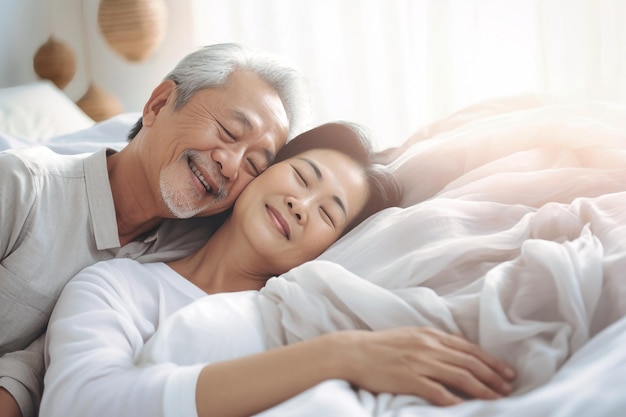 Ein älterer Mann und eine ältere Frau, ein tief verliebtes asiatisches Paar, liegen friedlich zusammen in einem Bett.