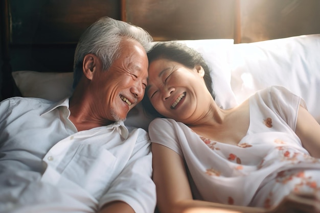 Ein älterer Mann und eine ältere Frau, ein verliebtes asiatisches Paar, liegen friedlich zusammen im Bett.