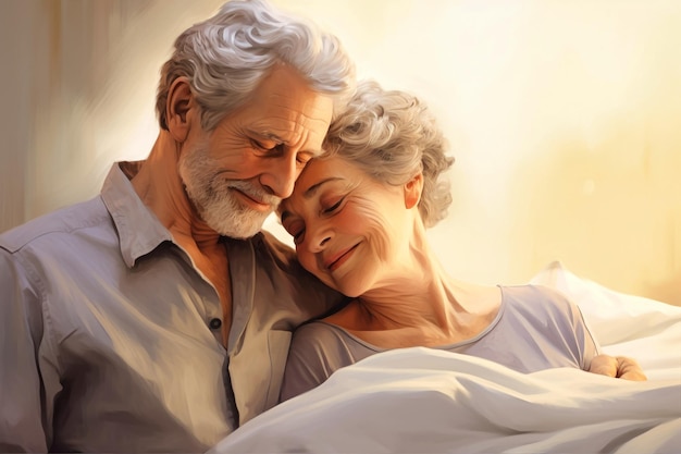 Ein älterer Mann und eine ältere Frau liegen nebeneinander im Bett und zeigen in ihrem friedlichen Moment Liebe und Gemeinschaft.