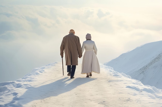 Ein älterer Mann und eine ältere Frau wandern Hand in Hand auf einem schneebedeckten Bergweg.