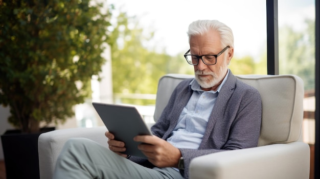 Ein älterer Mann verwendet ein Tablet, das mit generativer KI-Technologie erstellt wurde