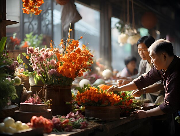 Ein älterer Mann wählt auf einem geschäftigen chinesischen Neujahrsmarkt sorgfältig Blumen aus