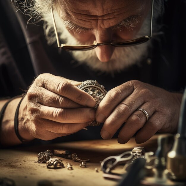 Ein älterer Uhrmacher repariert in einer Werkstatt eine alte Taschenuhr