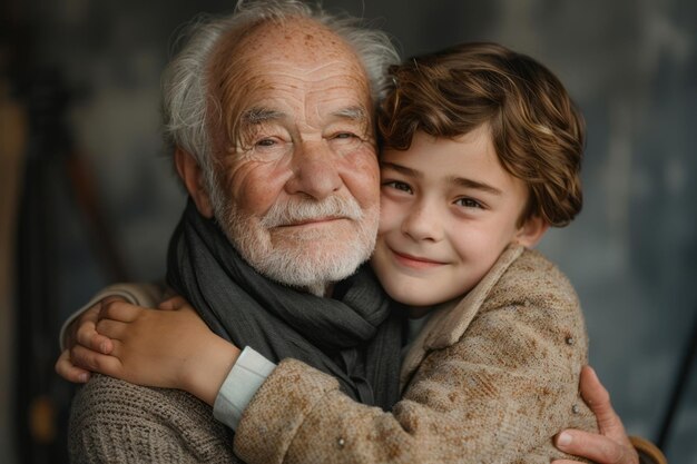 Ein älterer Vater und ein junger Sohn posieren in einem Studio, sie umarmen sich und lächeln