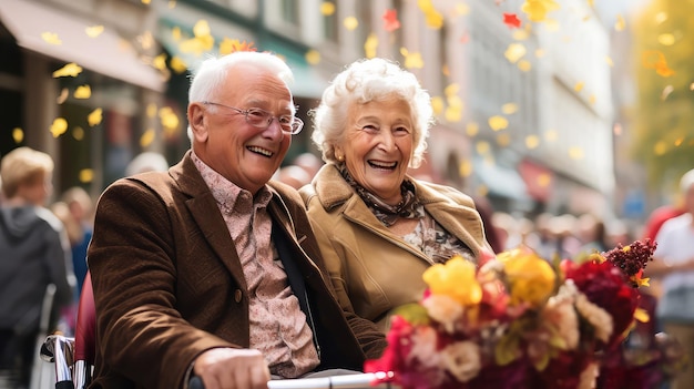 Ein älteres deutsches Paar in traditioneller Kleidung bei der Oktoberfest-Parade in Deutschland