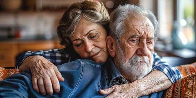 Ein älteres Ehepaar, das einen Moment der Trost und Liebe zu Hause teilt