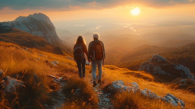 Ein älteres Ehepaar geht bei Sonnenuntergang in malerische Berge wandern, um die Schönheit der Natur zu genießen
