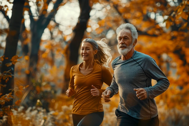 Ein älteres Ehepaar nimmt den aktiven Ruhestand an, lächelt zusammen und genießt das Laufen im Freien und den Fitness-Lebensstil in der Natur