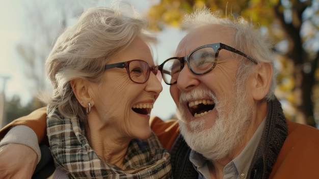 Ein älteres Paar, das ein Lachen teilt, ihre Freude, ein Beweis für dauerhafte Liebe.
