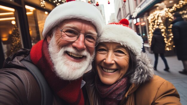 Ein älteres Paar, das einen Winterurlaub genießt und ihre Liebe und ihr Abenteuer mit einem Selfie festhält