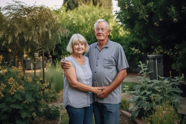 Ein älteres Paar, das Händchen hält, während es in seinem Garten steht, der mit generativer KI erstellt wurde