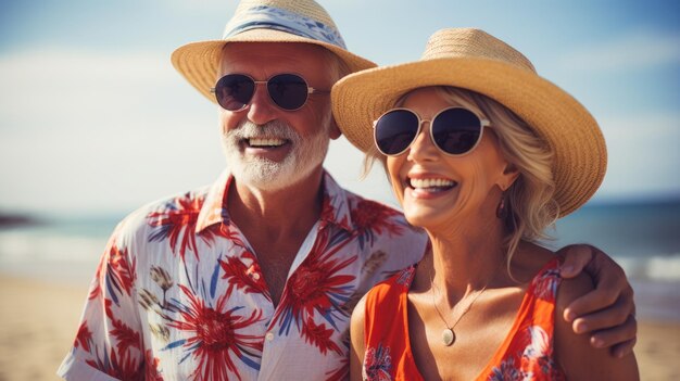 Ein älteres Paar, das sich glücklich auf dem Strand kuschelt, Portrait in Nahaufnahme, Urlaub von Rentnern, glückliches Alter, Reisen, KI-generiertes Bild
