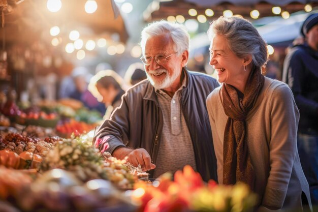 Ein älteres Paar erkundet einen lebhaften Markt im Freien und taucht dabei in Kultur und Aromen ein