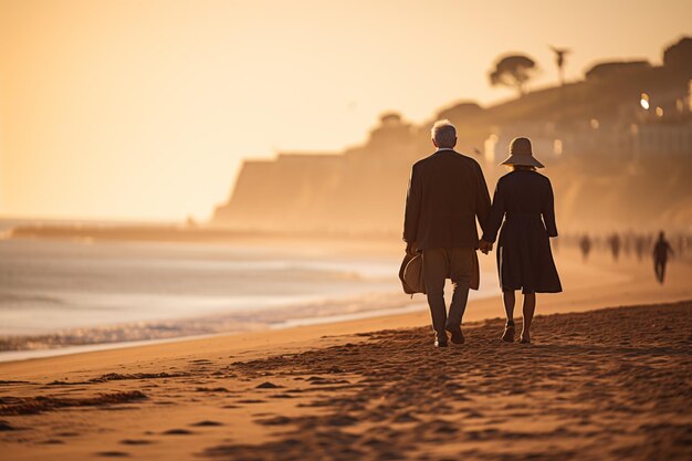 Ein älteres Paar geht bei Sonnenuntergang am Strand entlang