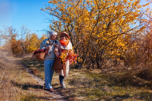 Foto ein älteres paar geht im herbstwald spazieren. ein mann und eine frau mittleren alters umarmen sich und entspannen sich im freien.