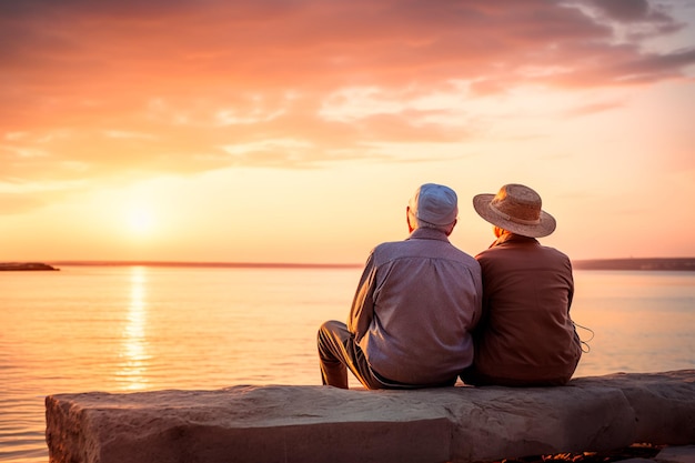 Ein älteres Paar genießt einen romantischen Sonnenuntergang am Meer mit reichlich Platz für Text Bright image H