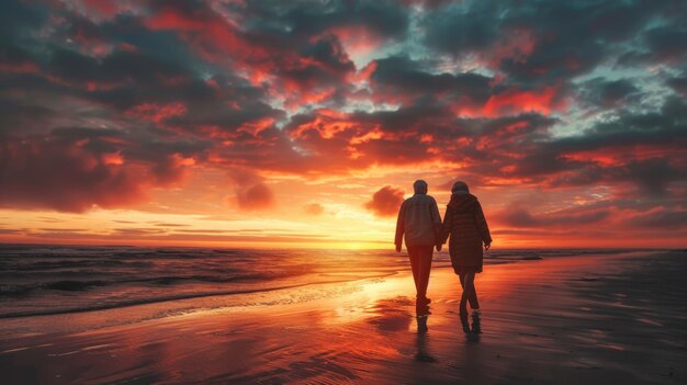 Ein älteres Paar genießt im Ruhestand einen Strandspaziergang am Sonnenuntergang