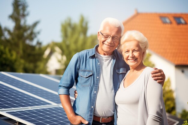 Ein älteres Paar im Garten mit Solarpanelen