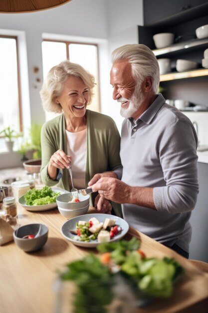 Foto ein älteres paar kocht zusammen frühstück in einer hellen und gemütlichen küche