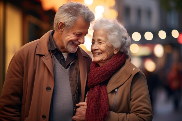 Ein älteres Paar lächelt einander in der Stadt an