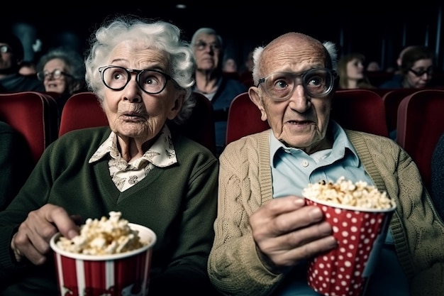 Ein älteres Paar mit Popcorn schaut sich im Kino Generative AI einen Horrorfilm an