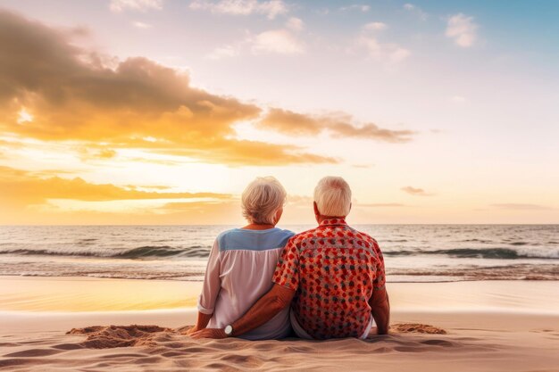 Ein älteres Paar sitzt an einem sonnigen Tag am Strand hinter einer generativen KI