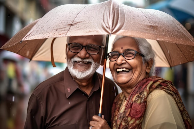 Ein älteres Paar steht unter einem Regenschirm, lacht und genießt die Gesellschaft des anderen