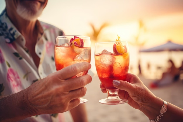 Ein älteres Paar stößt an einem sonnigen Strand auf Cocktails zu