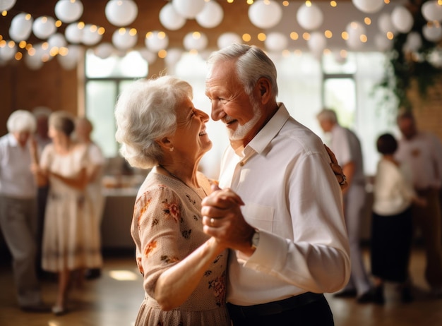 Ein älteres Paar tanzt freudig in einem schön beleuchteten Ballsaal, einem Ort, an dem sich ältere Menschen entspannen können.