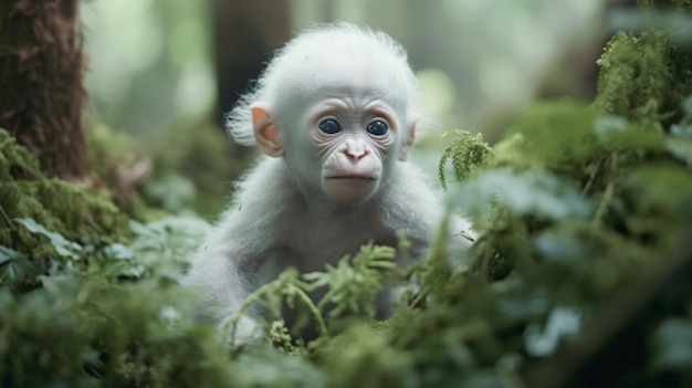 Ein ätherisches Albino-Gorillajunges, das in einem ruhigen Wald spielt