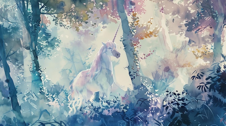 Foto ein ätherisches aquarellbild eines einhorns in einem mystischen wald, das mit seiner zarten farbpalette ein gefühl von fantasie und magie hervorruft