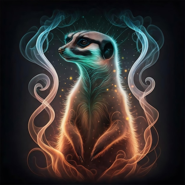 ein ätherisches und faszinierendes Bild eines Meerkat umarmt die Stile der Illustration dunkle Fantasie und filmische Geheimnis die schwer fassbare Natur des Rauches