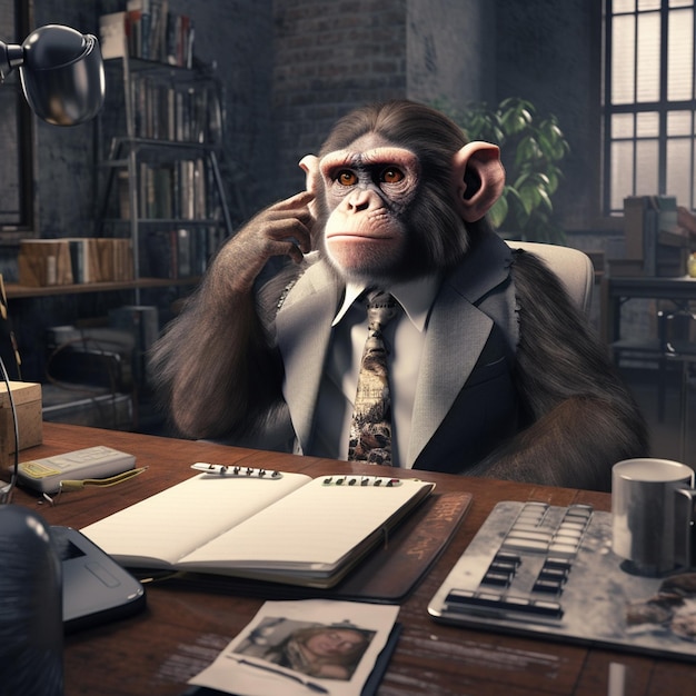 Ein Affe an einem Schreibtisch mit einem Kalender und einem Bild eines Mannes im Anzug