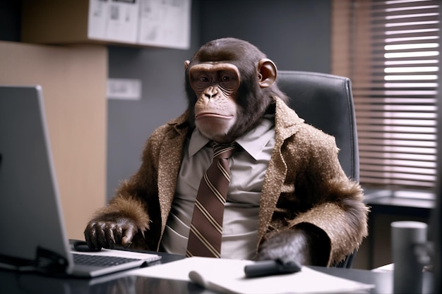 Ein Affe im Anzug sitzt an einem Schreibtisch vor einem Laptop.