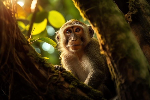 Ein Affe in einem Baum, auf dessen Gesicht die Sonne scheint